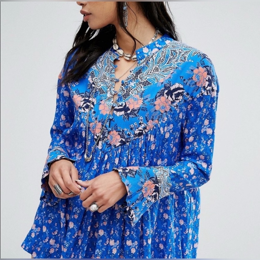 Free People Wildflower Fields Henley Tunic Azure Blue, Size Extra Small (XS)